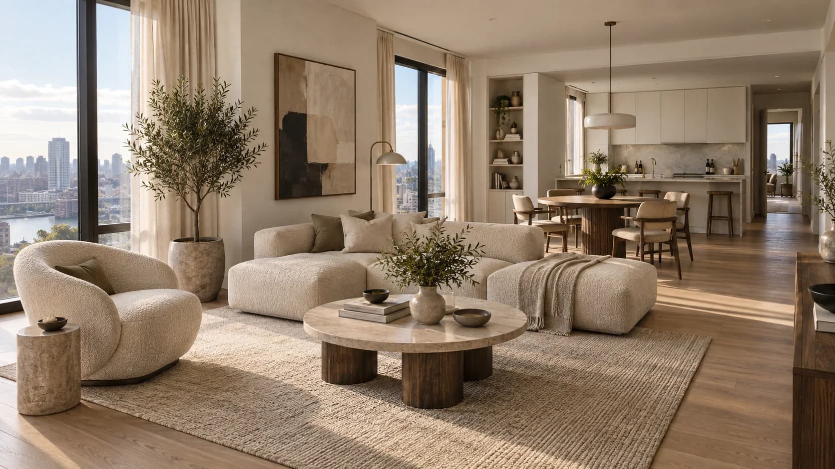 Sunlit living room with a cream boucle sectional, swivel chair, travertine coffee table and an olive tree by the window