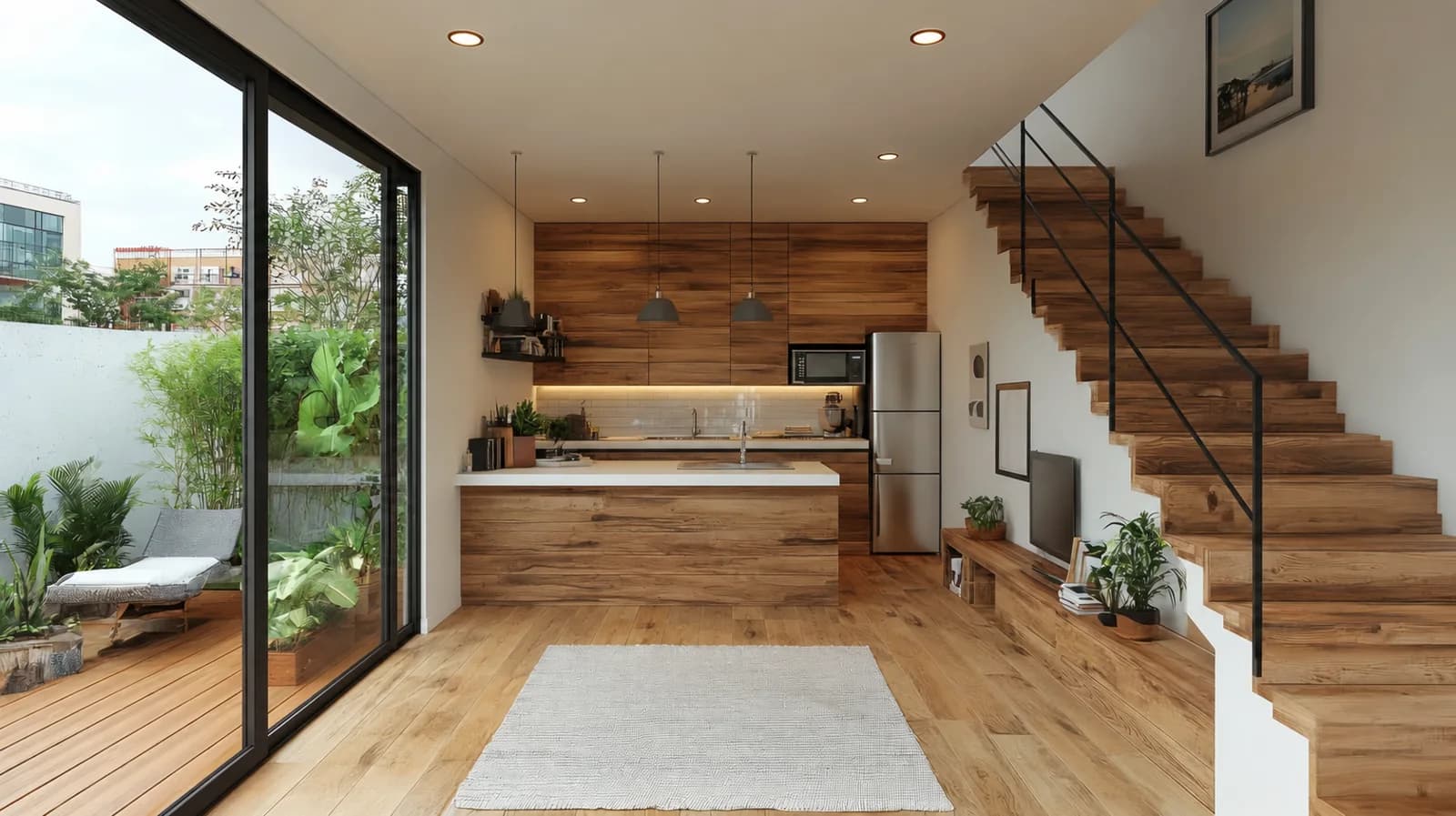 Open-plan room with a wood kitchen and staircase, before the redesign