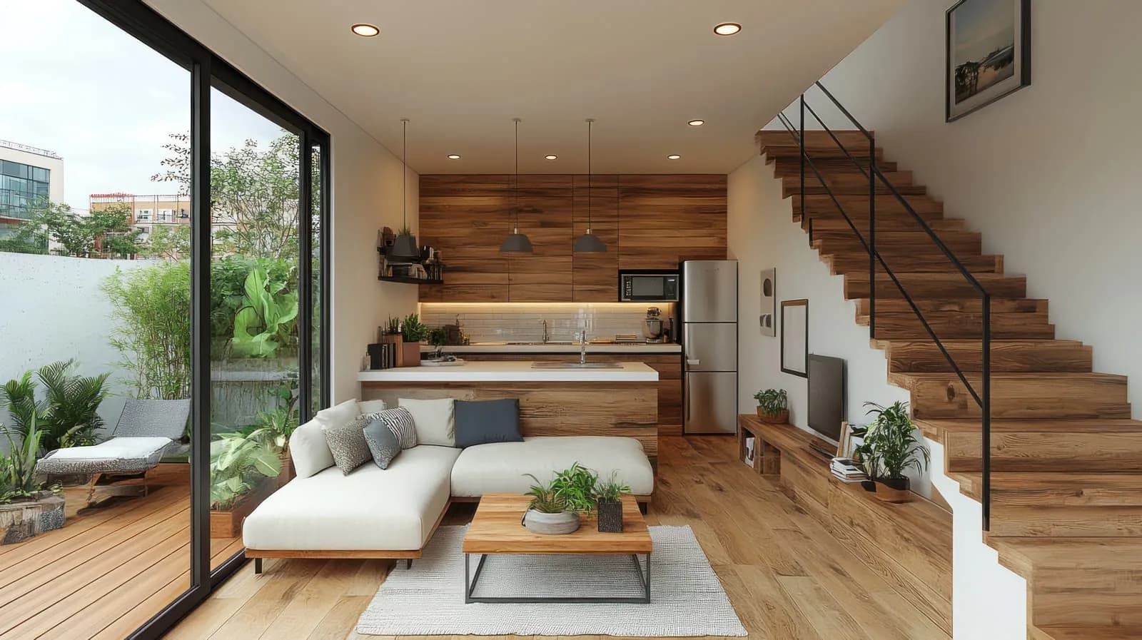 The same room after the redesign, with a white sofa and wood coffee table